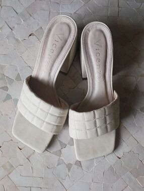 Vicenza Cream Quilted Block Heel Mules